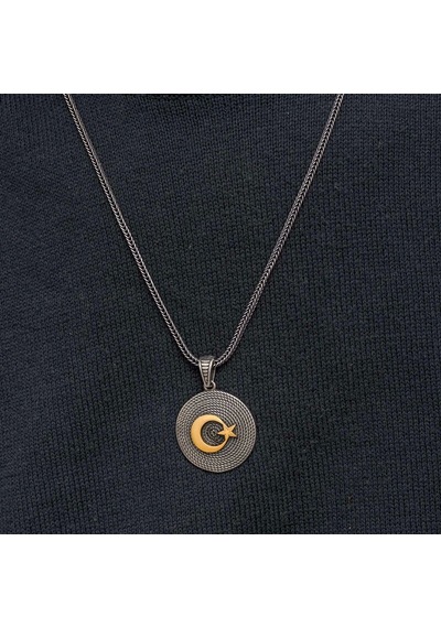 Gümüş Ay Yıldızlı Erkek Kolye Çok Renkli