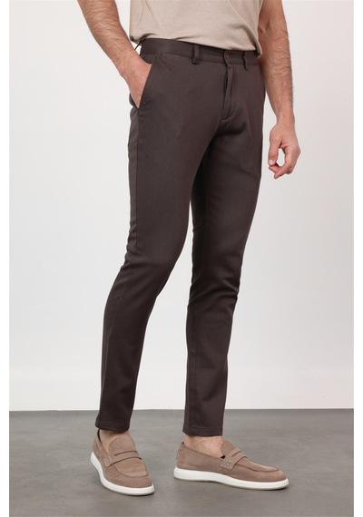 İmza Kahverengi Yan Cep Düz Paça Armürlü Slim Fit Pamuklu Chino Pantolon 1003260161