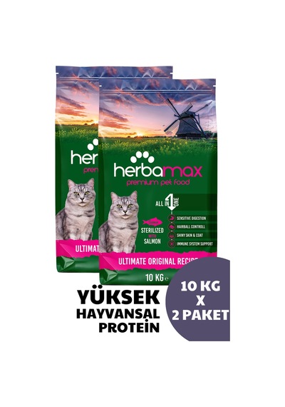 Herbamax Sterilised Kısırlaştırılmış Somonlu ve Pirinçli Yetişkin Kedi Maması 2 x 10 KG
