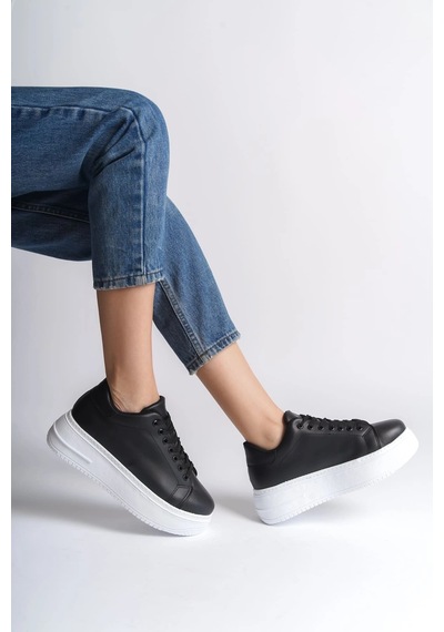 Mevese Sofia Bağcıklı Rahat Taban Kadın Casual Sneaker Ayakkabı - Siyah Beyaz