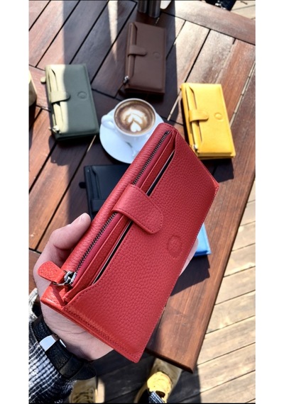 Kırmızı Peony Hakiki Deri Telefon Cüzdanı Kırmızı