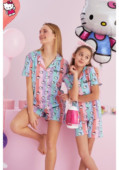 Siyah İnci Lisanslı %100 Pamuk Çok Renkli Düğmeli Şort Pijama Takım Hk159