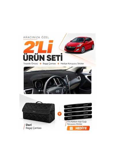 E-biz Hyundai İ30 2012-2016 Uyumlu Torpido Örtüsü + Deri Bagaj Çantası Seti - Siyah - Hu005