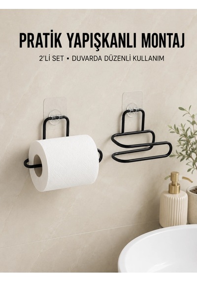 2 Adet Yapışkanlı Wc Kağıtlık Siyah Metal Pratik Duvar Tipi Rulo Tutucu Çok Renkli