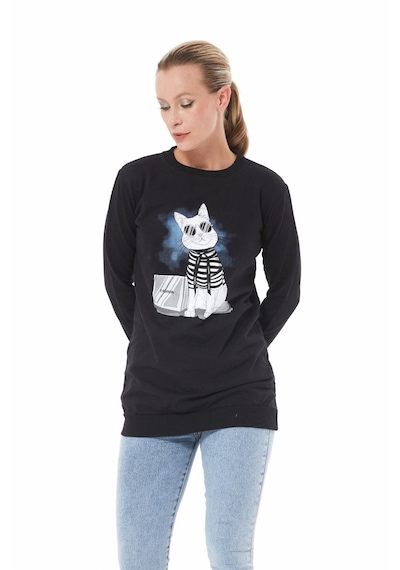 Kedi Baskılı Sıfır Yaka Siyah Kadın Sweatshirt-xl Siyah