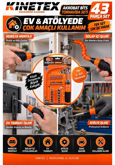 43 Parça Akrobat Bits Tornavida Seti 300 Mm Esnek Uzatmalı Lokma Ve Uç Seti
