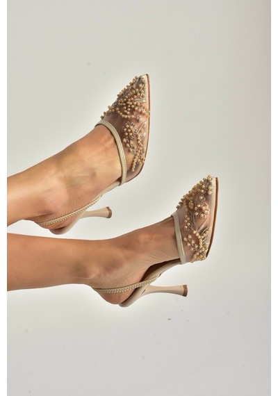 Fox Shoes Y726462415 Bej File Boncuk İşlemeli İnce Topuklu Ayakkabı Bej