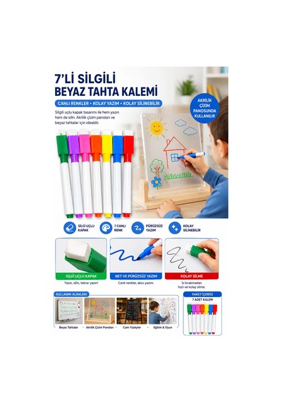 Bakgelal 7'li Silgili Beyaz Tahta Kalemi Akrilik Çizim Panosu Uyumlu Renkli Set Çok Renkli