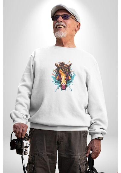 At Kafası Renkli Unisex Beyaz Baskılı Sweatshirt Beyaz