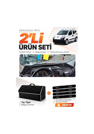 E-biz Peugeot Bipper 2007-2020 Uyumlu Torpido Örtüsü + Tay Tüyü Bagaj Çantası - Siyah-gri - Pe020