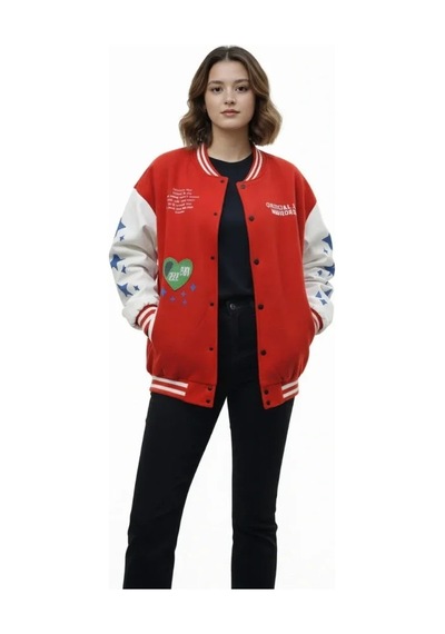 Meleners Kırmızı Varsity Çıtçıtlı Baskılı Oversize Kalıp Kolej Ceket - Kırmızı