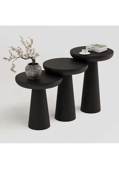 3 Lü Siyah Set Kalın Fitilli Mantar Yan Sehpa Modern