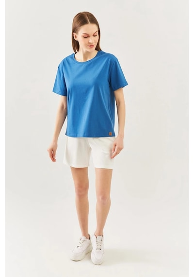 Kadın Rahat %100 Pamuklu Penye Bisiklet Yaka Kısa Kol Basic T-shirt Parlament