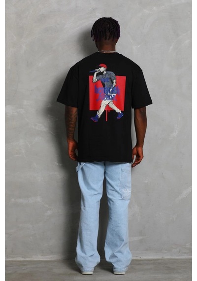 Barlashive Erkek Baskılı Tişört Kısa Kol Bisiklet Yaka Oversize T-shirt - - Siyah Çok Renkli