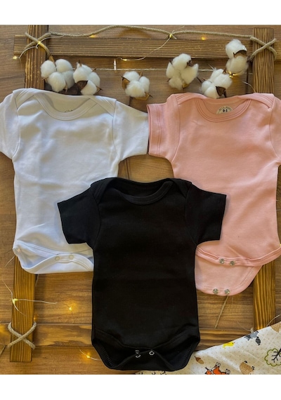Betül Bebek Kısa Kollu 3'lü Organik Pamuk Çıtçıtlı Bebek Body&zıbın Pembe,beyaz,siyah Çok Renkli