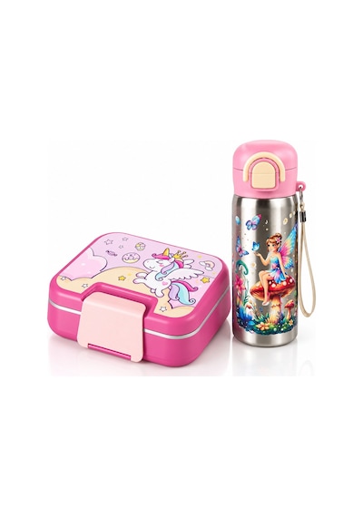 Titiz Çelik Beslenme Kabı Ve 600 Ml Çelik Termos Matara Seti Pembe Unicorn & Su Perisi 2 Li Okul Seti Çok Renkli
