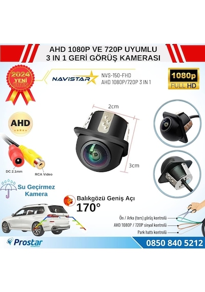 Ahd 1080p Ve 720p Çevrilebilir 170 Derece Balıkgözü Geniş Açılı Geri Görüş Kamerası