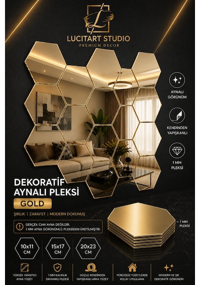 Lucitart Aynalı Pleksi Petek Duvar Dekoru Kendinden Yapışkanlı Dekoratif Altıgen Ayna Tekli 9 Renk 10x11 - 15x17 - 20x23 Cm Altın Lucitart Aynalı Pleksi Petek Duvar Dekoru Kendinden Yapışkanlı Dekoratif Altıgen Ayna Tekli 9 Renk 10x11 - 15x17 - 20x23 Cm Altın