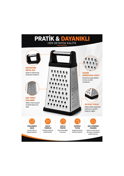 Siyah Metal Saplı Paslanmaz Çelik Rende - Çok Amaçlı Sebze, Meyve Ve Peynir Rendesi - Ergonomik Mutfak Rendesi Gri