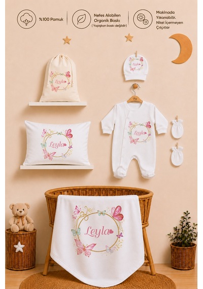 Pia Baby İsme Özel %100 Pamuk Kız Bebek Yastık Battaniyeli Tulum Set Kese Hediyeli 1077tybkyx Krem