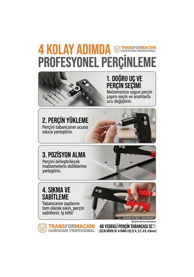 Transformacion Profesyonel Perçin Tabancası Seti - 40 Yedekli Perçin Ve Değiştirilebilir 4 Uçlu Çelik Gövde 425303