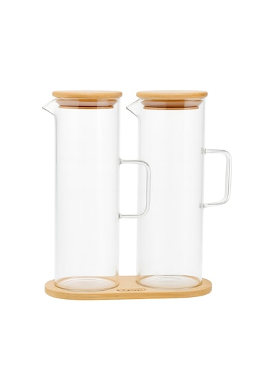 Lavino 3 Parça 400 Ml Borosilikat Yağlık - Bambu Altlık Ve 2 Adet Bambu Kapaklı Cam Yağdanlık Şeffaf