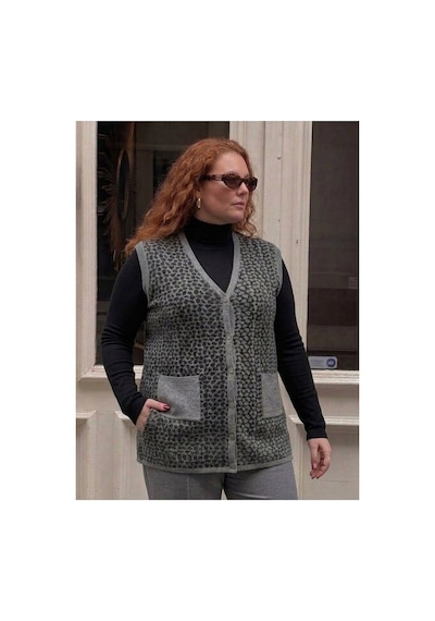 Onno Style Women Büyük Beden Çelik Örgü Klasik Leopar Desen Triko Kadın Yelek Gri