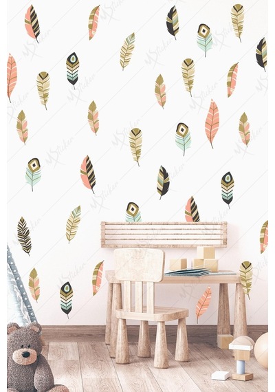MSticker Bohem Tarzı Kuş Tüyleri 68 Adet Çocuk Bebek Odası Sticker Seti