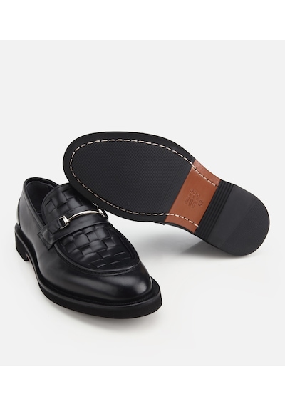 Hotiç Erkek Deri Siyah Örme Metal Detaylı Klasik Loafer