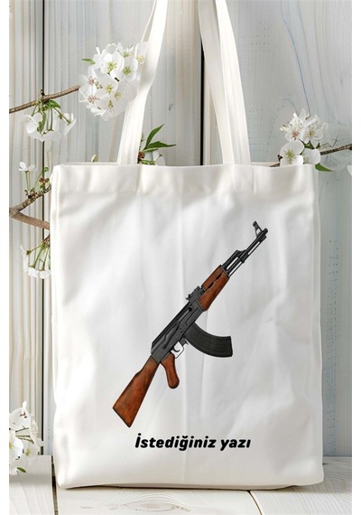 Art Hediye Ak-47 Kalaşnikof Baskılı Bez Çanta Kişiye Özel Model 2 Çok Renkli