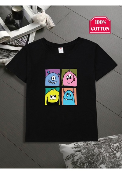 Uyguntarz Çocuk Canavarlar Baskılı Tasarım Tshirt Siyah