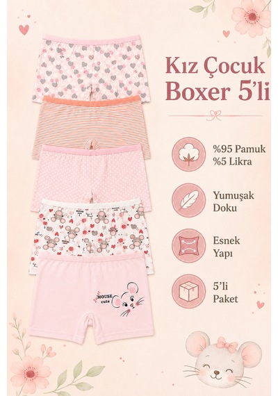 Nicoletta Kız Çocuk Boxer Külot 5 Li Paket Pamuklu Likralı Baskılı Çok Renkli