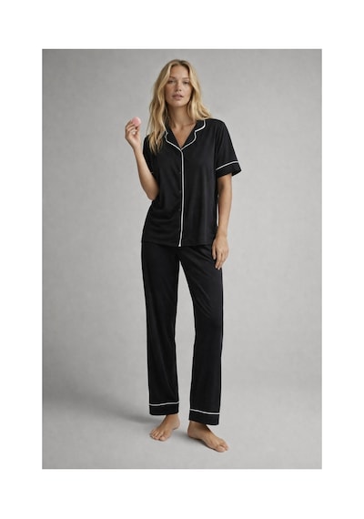 Rindahomewear Kadın Pamuklu Örme Kumaş Siyah Kısa Kol Düğmeli Arabiyeli Pijama Takım Siyah