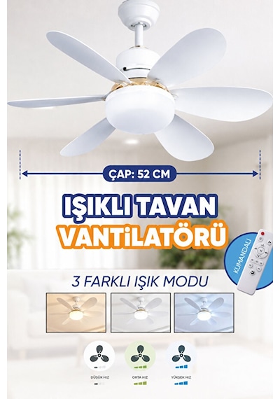 Waldern 6 Kanatlı, Işıklı Sessiz Çalışma Tavan Tip Vantilatör