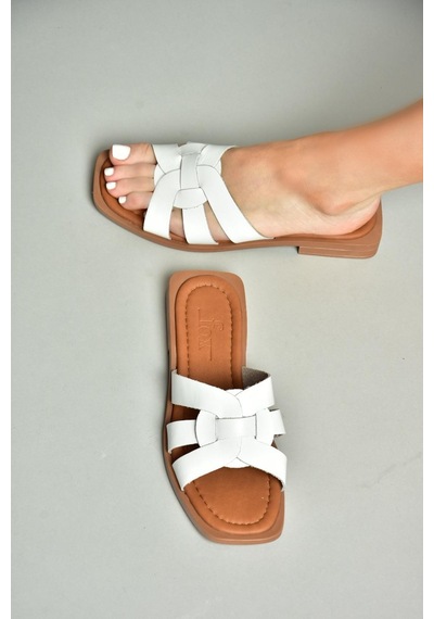 Fox Shoes S291045603 Beyaz Hakiki Deri Kadın Terlik Beyaz