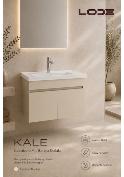 Kale 90cm Demonte Lavabolu Alt Banyo Dolabı, Seramik Lavabo Dahil Kumtaşı