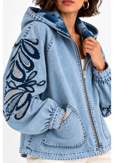 Saade Açık Mavi Kol Ve Sırt İşlemeli Kapüşonlu Denim Ceket