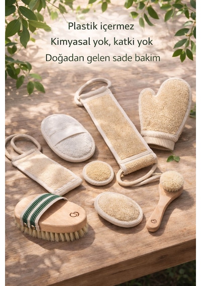 8 Parça Doğal Bakım Full Set - At Kılı Vücut & Yüz Fırçası + 6 Farklı Kabak Lifi Kese Spa Paketi