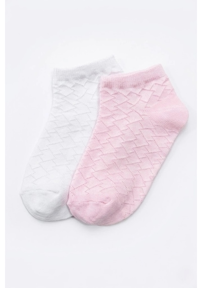 Cocole Socks Kız Bebek Patik Çorabı 2'li Set Pamuklu Beyaz & Pudra Pembe Baklava Desenli Çok Renkli