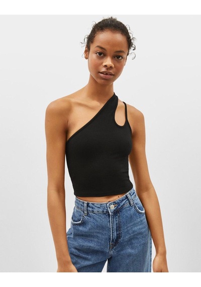 Escbutik Kadın Siyah Tek Omuz Detay Crop Siyah