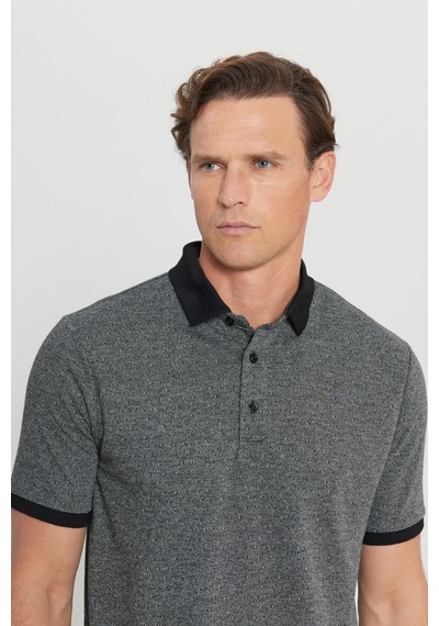AC&Co / Altınyıldız Classics Erkek Sıyah Pamuklu Comfort Fit Rahat Kesim Polo Yaka Jakarlı Tişört Siyah