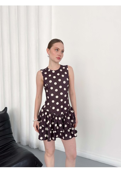 Verymoda Puantiyeli Sıfır Kol Elbise D2946 Kahve