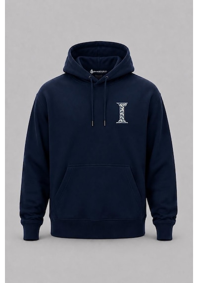 Bahriyeli Collection Kapüşonlu Dalga Desenli I Harfi Tasarımlı Cep Baskılı Unisex Sweatshirt Lacivert