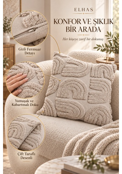 Kabartma Desenli Yumuşak Dokulu Dekoratif Kırlent Kılıfı Modern Ve Şık Yastık Kılıfı 1 Adet Vizon - 923377985 Vizon