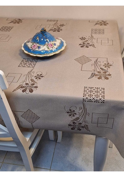 Simli Keten Dokulu Pvc Masa Örtüsü Bej
