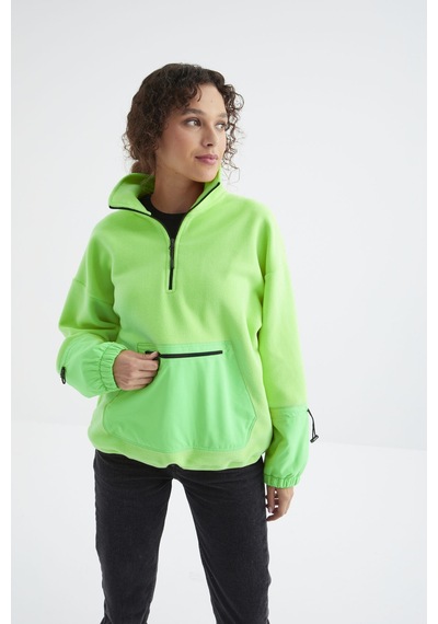 Tommy Life Neon Yeşil Etek Ucu Büzgülü Yarım Fermuarlı Oversize Kadın Polar Sweatshirt - 97238 Neon Yeşil