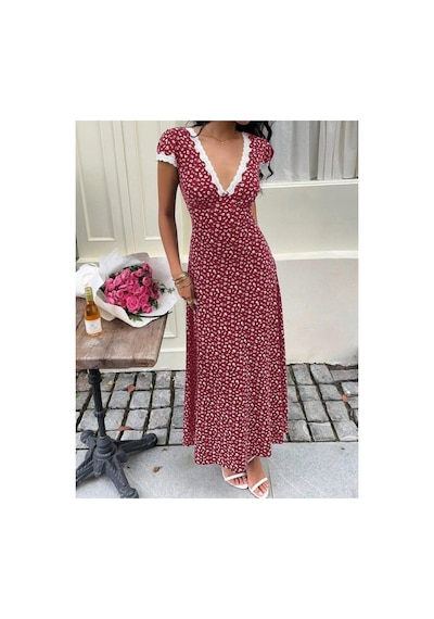 Butik İstanbul Kadın Kısa Kollu Derin V Yakalı Dantel Detaylı Çiçek Desenli Uzun Süprem Elbise Kırmızı