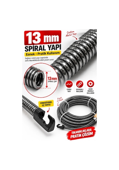 13 Mm 20 Metre Spiral Kanal Açıcı Ahşap Saplı Manuel Gider Açma Teli, Esnek Tesisat Temizleme Su