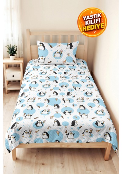 Evimde Bambaşka Penguen Mavi Çocuk Odası Tek Kişilik Pike Takımı-sevimli Modern Siyah 160x220 CM Kapitone Yazlık Örtü