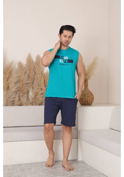 Seboteks %100 Pamuklu Kolsuz Cepli Erkek Şortlu Pijama Takımı 2011 Turkuaz